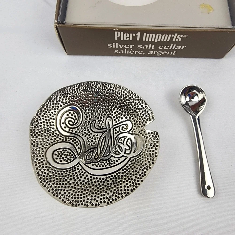 Pier 1 Imports Silver Salt Cellar with Spoon, Vintage‎ Kitchen Decor